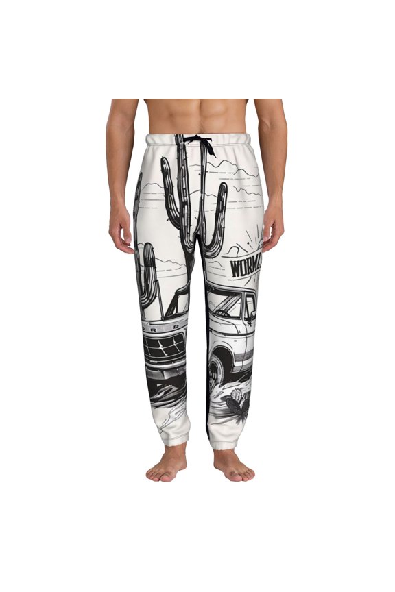 Vintage Cactus Pickup Print Mens Jogger Sweatpants, Men's Lounge Pants with Pockets-Small