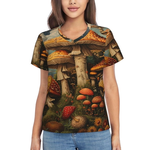 Honeii Vintage Cloud Mushroom Print Women's Classic V-Neck T-Shirt,Womens Fashion Tops,Stylish Everyday Top for Women, Casual Summer Spring Outfits Clothes-Small