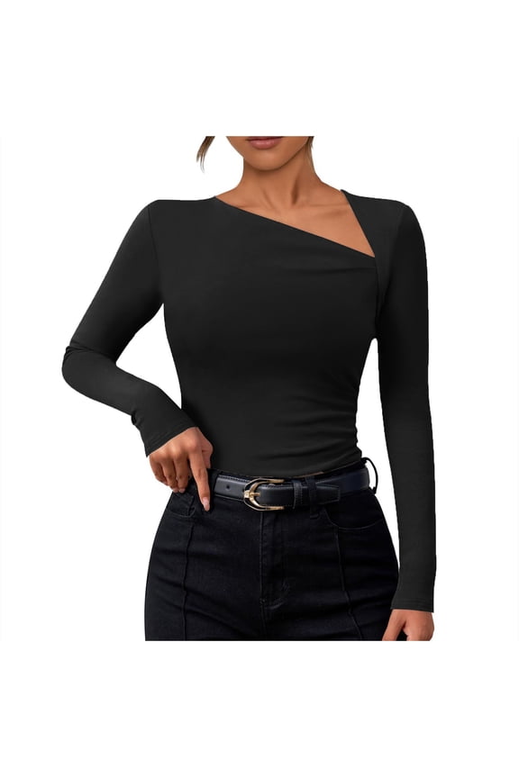Women's Long Sleeve Slim Fit Knit Top Asymmetrical Neckline Soft Stretch Casual Blouse Comfortable Fashion Tee