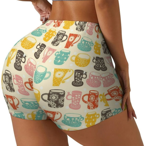 Honeii Vintage Cup Print Women's Workout Shorts, Gym Shorts for Active Wear, Sports Shorts,Women's Running Shorts,Quick Dry Athletic Shorts-Large