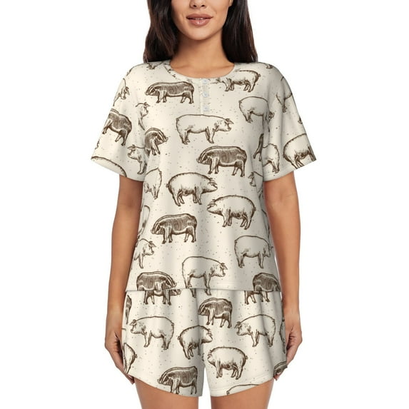 Honeii Vintage Farm Pigs for Women's Summer Pajama Set featuring Soft Short Sleeve Shirt & Matching Bottoms with Convenient Pockets for Relaxed Home Wear-Large
