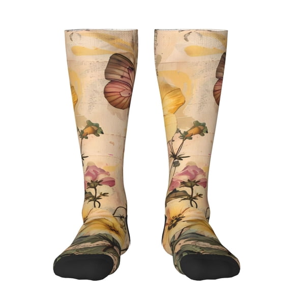 Honeii Vintage Floral Butterfly Collage Print Long Socks,Novelty Design Socks Gift for Men and Women,Crew Socks,Calf Socks
