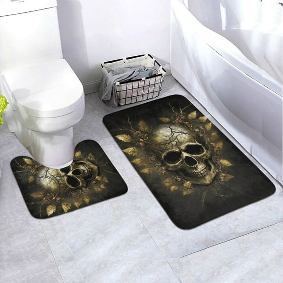 Honeii Vintage Gold Leaf Skull Pattern Bathroom Anti-Skid Pad Bathroom Mat Vintage Seamless Pattern Not-Slip Toilet Rug Set