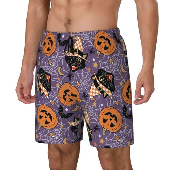 Honeii Vintage Halloween Black Cat Print Men's Swim Shorts,Mens Swim Trunks,Breathable Mesh Beach Shorts for Swimming,Surfing, and Beach Activities-XX-Large