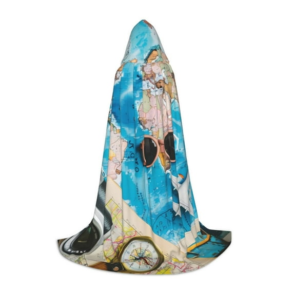 Honeii Vintage Map Travel Essentials Print Poncho Cape, Cloak Coat, Snuggly Hooded Wearable Blanket, Hooded Cape For Teenagers,Halloween Costumes-Large
