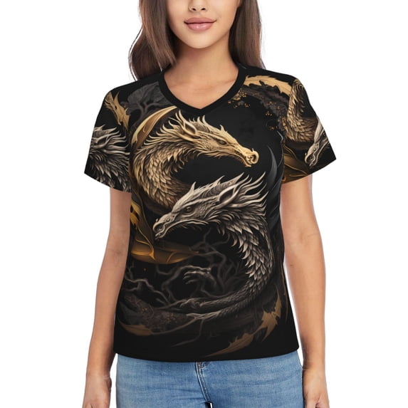 Honeii Vintage Metal Dragon Print Women's Classic V-Neck T-Shirt,Womens Fashion Tops,Stylish Everyday Top for Women, Casual Summer Spring Outfits Clothes-XX-Large