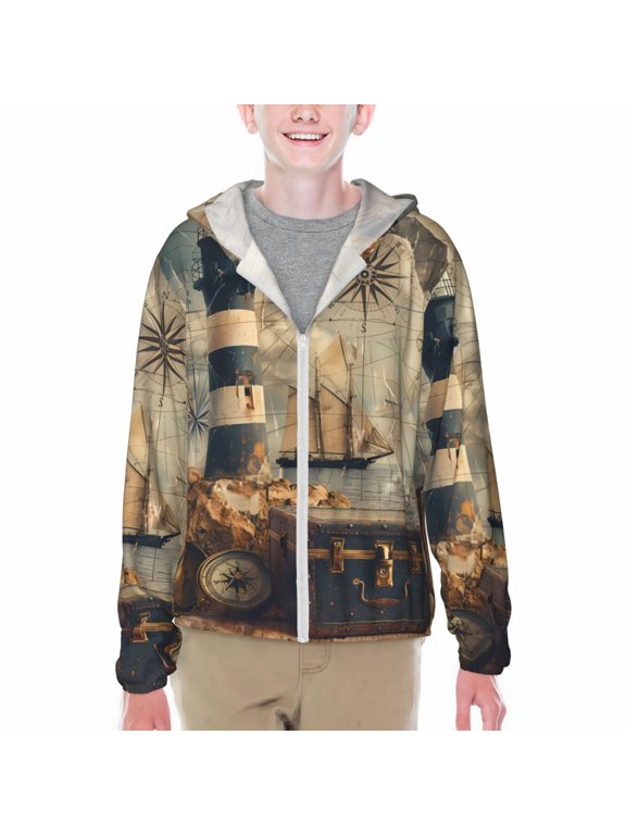 Vintage Nautical Lighthouse Print Sun Protection Jacket Hooded Cooling Shirt with Pockets Hiking Outdoor Performance-Small