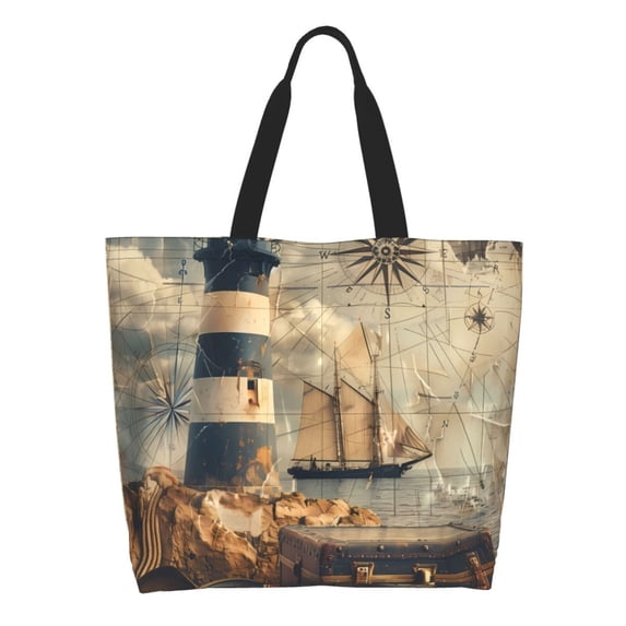 Honeii Vintage Nautical Lighthouse Print Tote Bag for Women, Foldable Tote Bag Large Shoulder Bag Top Handle Handbag for Travel, Work