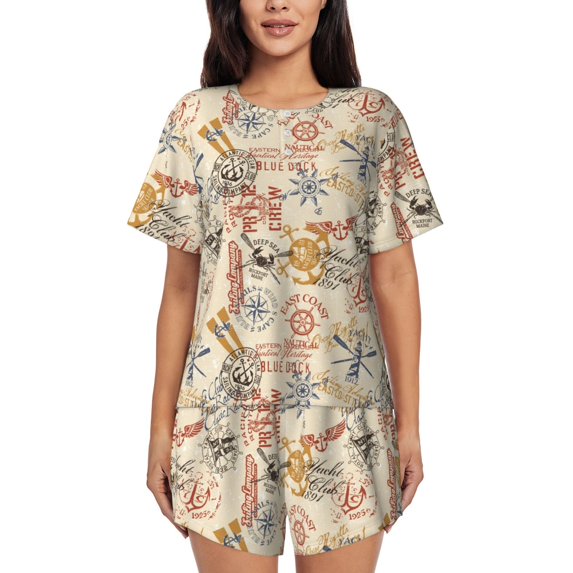 Honeii Vintage Nautical for Women's Summer Pajama Set featuring Soft Short Sleeve Shirt & Matching Bottoms with Convenient Pockets for Relaxed Home Wear-Large