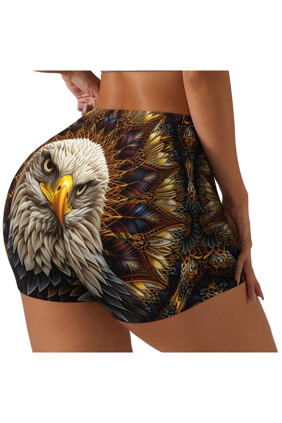 Vintage Pattern Bald Eagle Print Women's Workout Shorts, Gym Shorts for Active Wear, Sports Shorts,Women's Running Shorts,Quick Dry Athletic Shorts-Small