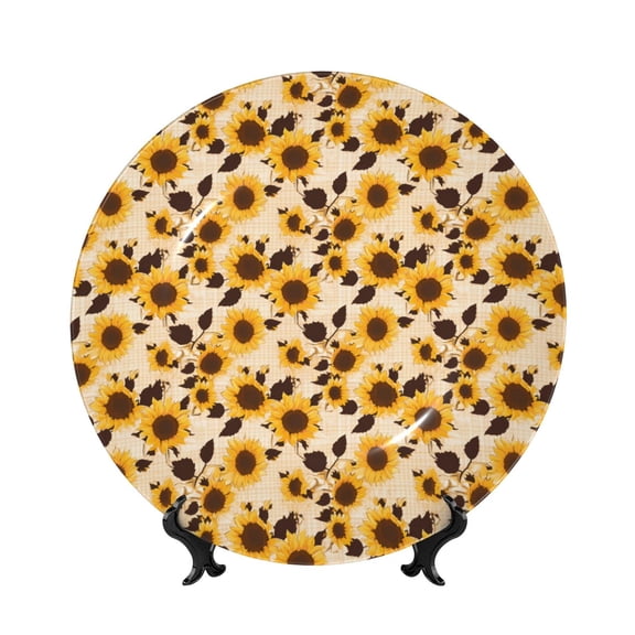 Honeii Vintage Plaid Cute Sunflower Print Elegant Bone China Decorative Plate, Porcelain Plate,Art Crafts,Ceramic Ornaments for Home Office Wall Decor-8in