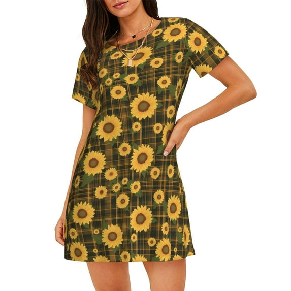 Honeii Vintage Plaid Sunflower Print Women's Loose Short Sleeve Nightgown, Soft Cotton Sleepwear, Comfy Loose Fit Pajama Dress for Sleep and Lounge
