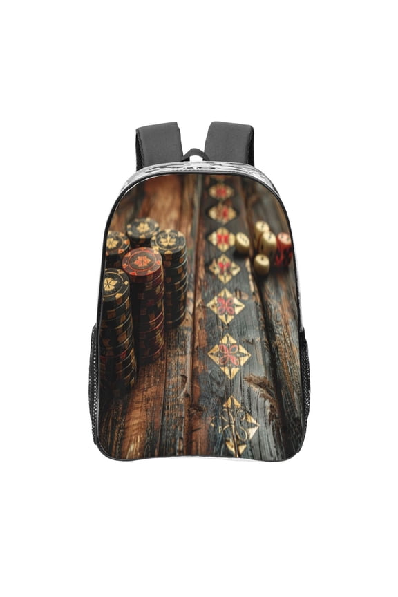 Vintage Poker Chips Print Clear Backpack Heavy Duty Transparent Bag 17" See Through BookBag for Women Men Adults Work Festival Sports Travel