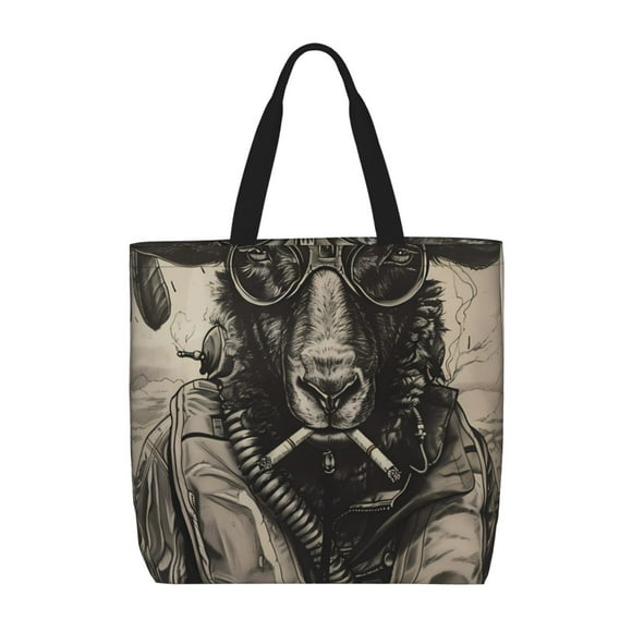 Honeii Vintage Ram Pilot Print Tote Bag, Reusable Grocery Shopping Bag,Shoulder Bag with Inner Pocket