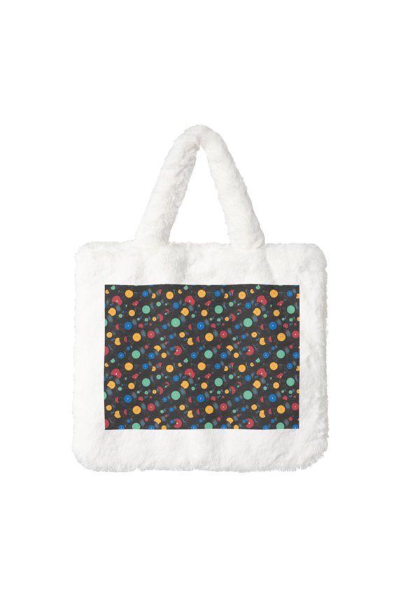 Vintage Records Print Fluffy Shoulder Bag Plush Bags Women Ladies Tote Bag Fluffy Furry Purse Handbag for Autumn and Winter
