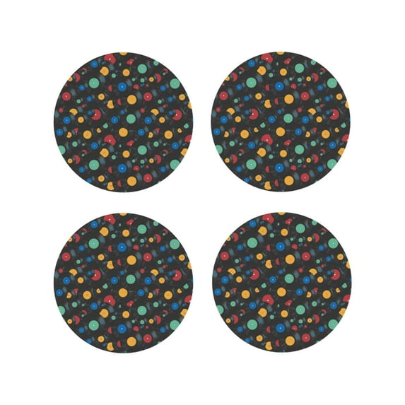 Honeii Vintage Records print Leather Coaster Set of 4, ideal for safeguarding your furniture from drinks spills and effortless cleanup-Round Shape