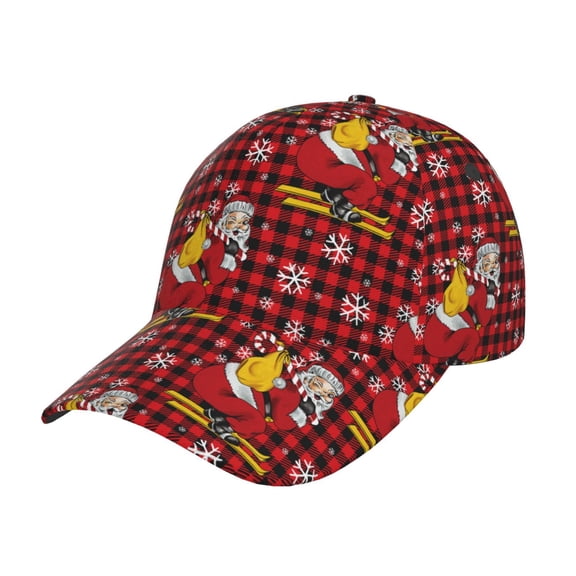 Honeii Vintage Santa Skiing Red Plaid Print Hat, Women's Baseball Hat Unisex Fit, Baseball Cap,Adjustable One Size