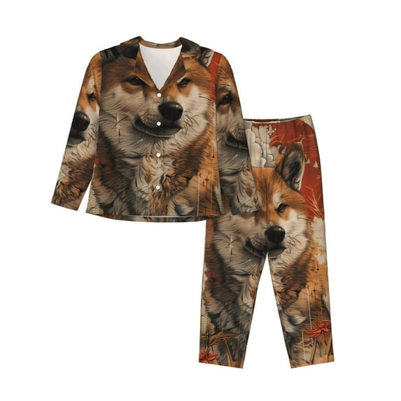 Honeii Vintage Shiba Inu Art Print Women's Pajama Sets Long Sleeve Button Down Sleepwear Nightwear Soft Pjs Lounge Sets 2PCS-Medium