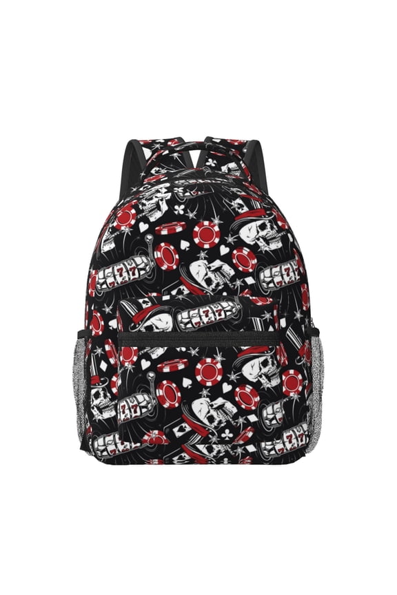 Vintage Skull Casino Print Backpack for School,15.6 inch Laptop Back Pack for High School and College Students, Waterproof Computer Bookbag-One Size
