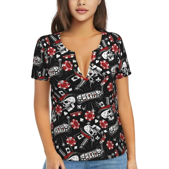 Honeii Vintage Skull Casino Print Women's V-Neck T-Shirt,Short Sleeve V Neck Tees Tops for Women , Perfect for Work, Travel, and Everyday Wear