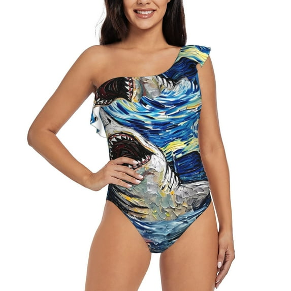 Honeii Vintage Starry Sky Shark for women's one-piece swimsuit featuring a chic one-shoulder design experience elegance and style in the water-Medium