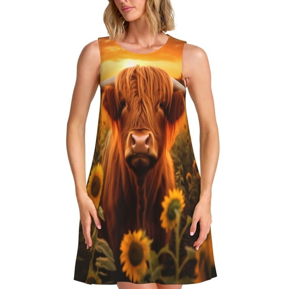 Honeii Vintage Sunflower Cow B Print Women's Sleeveless Dress, Loose Fit Casual Dress for Women, Summer Fashion Dress