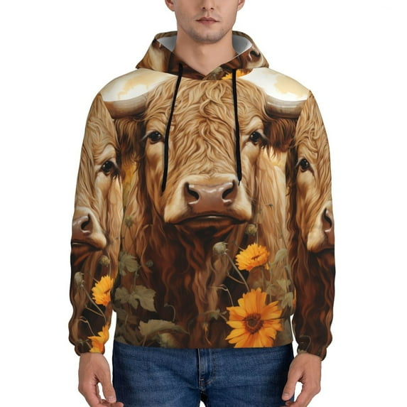 Honeii Vintage Sunflower Cow Pattern Mens Hoodies Men's Loose Sleeve Sweatshirt,Pullover Hooded Sweatshirt for Men,Essentials Hoodie-Large