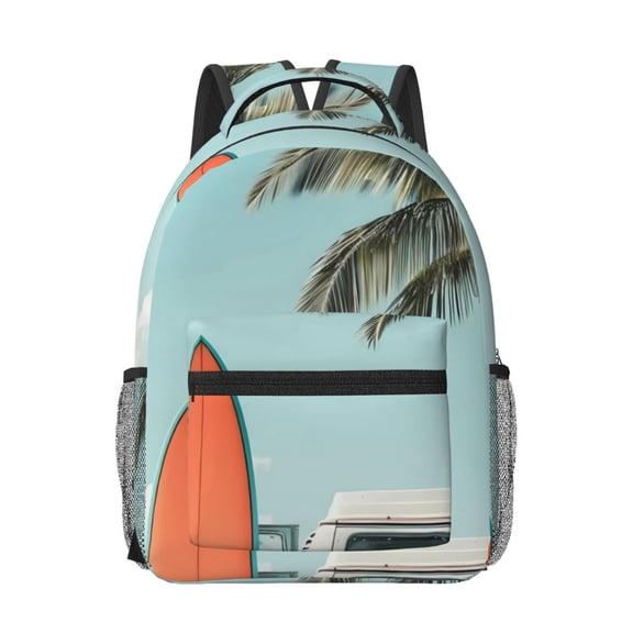Honeii Vintage Surf Van Beach Print Backpack for School,15.6 inch Laptop Back Pack for High School and College Students, Waterproof Computer Bookbag-One Size