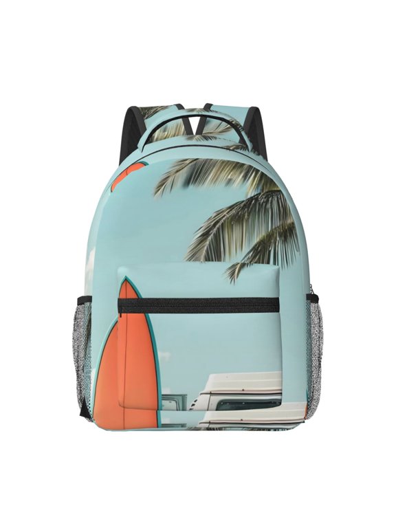 Vintage Surf Van Beach Print Backpack for School,15.6 inch Laptop Back Pack for High School and College Students, Waterproof Computer Bookbag-One Size