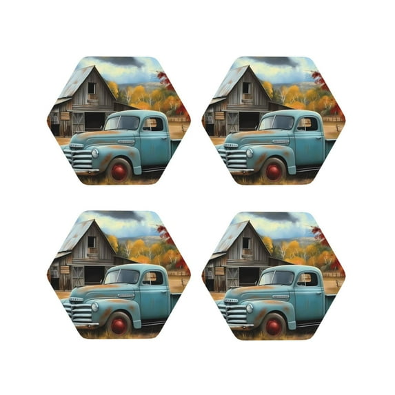 Honeii Vintage Truck Farm Scene Print Leather Coaster Set of 4, Ideal for Safeguarding Your Furniture from Drinks Spills and Effortless Cleanup-Hexagon