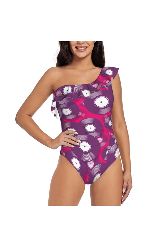 Vintage Vinyl Record for women's one-piece swimsuit featuring a chic one-shoulder design experience elegance and style in the water-Small