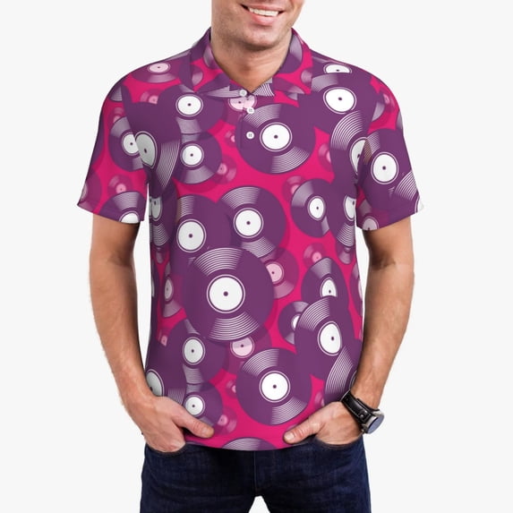 Honeii Vintage Vinyl Record print Polo Shirt, a classic short-sleeved, button-down golf shirt designed for men