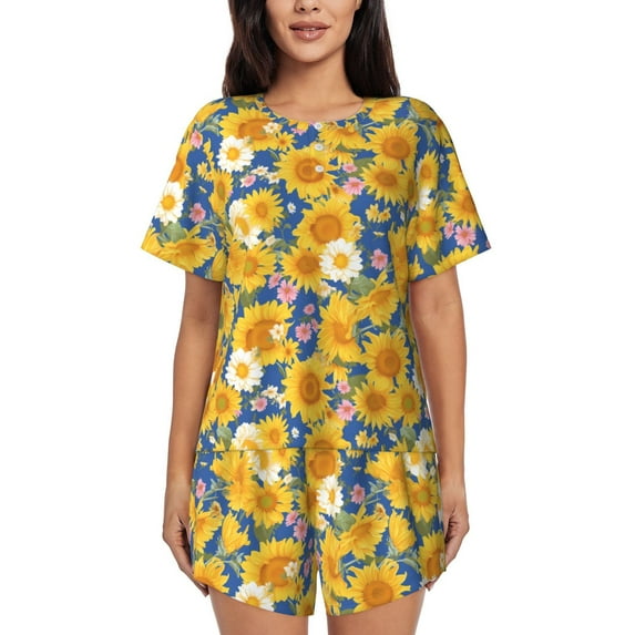 Honeii Vintage White Yellow Sunflower for Women's Summer Pajama Set featuring Soft Short Sleeve Shirt & Matching Bottoms with Convenient Pockets for Relaxed Home Wear-4X-Large