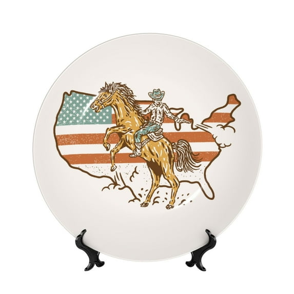 Honeii Vintage Wild West Cowboy Print Elegant Bone China Decorative Plate, Porcelain Plate,Art Crafts,Ceramic Ornaments for Home Office Wall Decor-10in