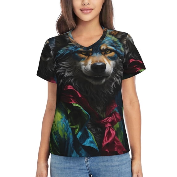 Honeii Vintage Wolf Warrior Print Women's Classic V-Neck T-Shirt,Womens Fashion Tops,Stylish Everyday Top for Women, Casual Summer Spring Outfits Clothes-3X-Large