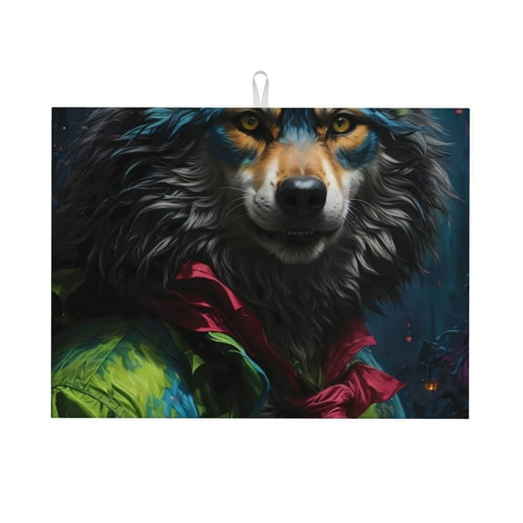 Honeii Vintage Wolf Warrior print Super Absorbent Coffee Bar Mat Hide Stain Coffee Maker Mat for Countertops Coffee Pot Dish Drying Mat for Kitchen Counter