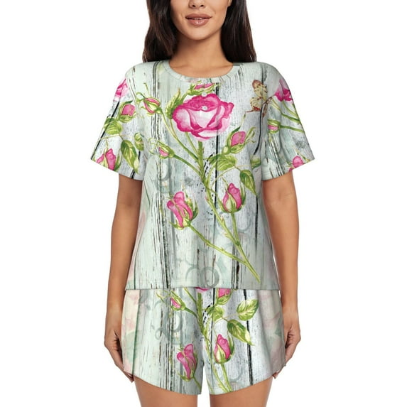 Honeii Vintage Wood Background with Floral for Women's Summer Pajama Set featuring Soft Short Sleeve Shirt & Matching Bottoms with Convenient Pockets for Relaxed Home Wear-X-Large