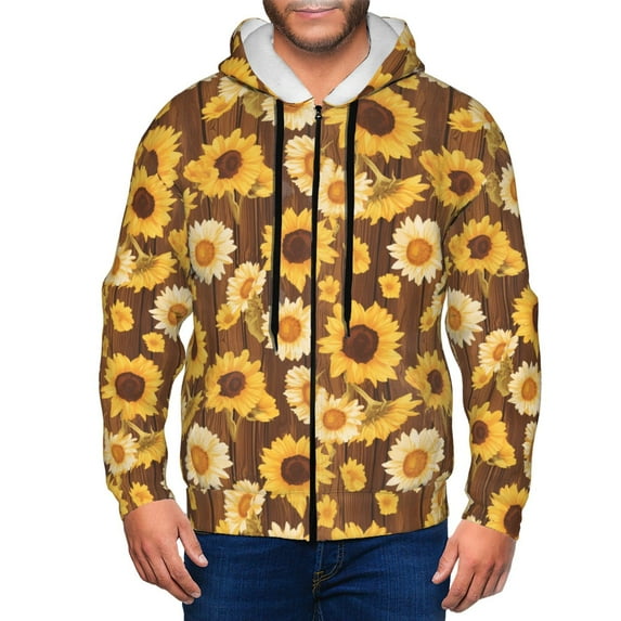 Honeii Vintage Wood Grain Sunflower A Print Hoodies for Men, Pullover & Full Zip, Breathable Zip up Hoodie, Sweatshirt-Large