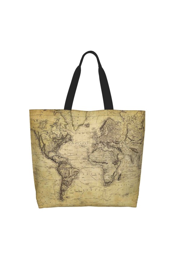 Vintage World Map Print Tote Bag for Women, Foldable Tote Bag Large Shoulder Bag Top Handle Handbag for Travel, Work