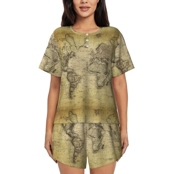 Honeii Vintage World Map for Women's Summer Pajama Set featuring Soft Short Sleeve Shirt & Matching Bottoms with Convenient Pockets for Relaxed Home Wear-Large