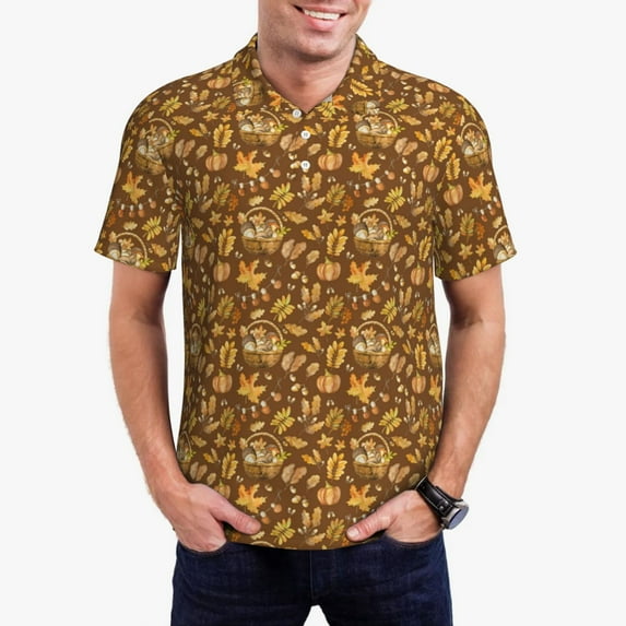 Honeii Vintage fall harvest basket Print Polo Shirt, A Classic Short-Sleeved, Button-Down Golf Shirt for Men,Mens Polo Shirts Short Sleeve-Medium