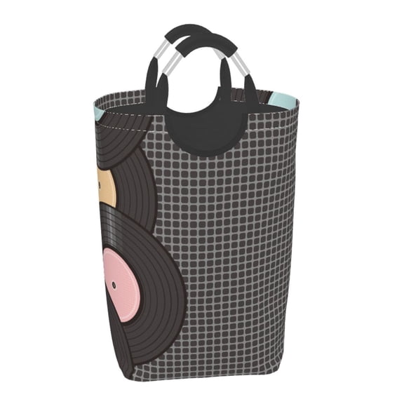 Honeii Vinyl Records Print Laundry Hamper Collapsible Laundry Baskets, Freestanding Waterproof Clothes Hamper with Easy Carry Handles