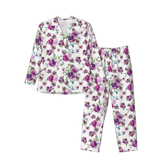 Honeii Violets Flowers Pattern Mens Pajamas Set,2pcs Men's Lounge Long Sleeve Sleep Shirt and Pajama Bottoms Sleepwear Set,Mens Pjs Sets-Large