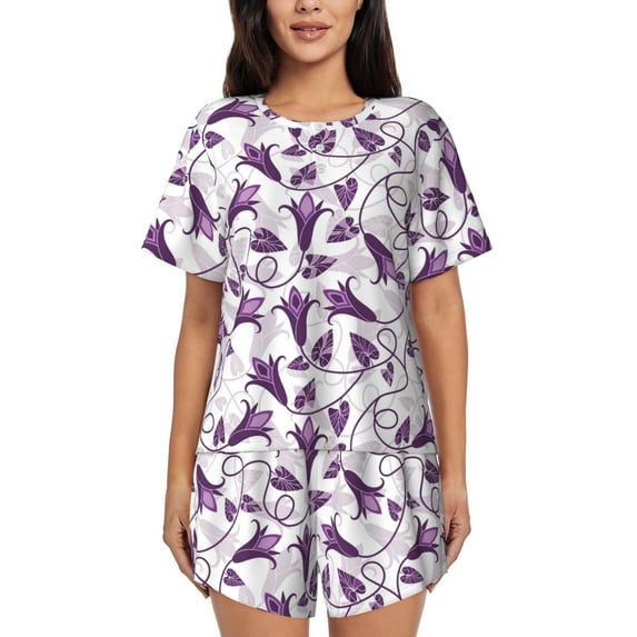 Honeii Violets Flowers for Women's Summer Pajama Set featuring Soft Short Sleeve Shirt & Matching Bottoms with Convenient Pockets for Relaxed Home Wear-4X-Large