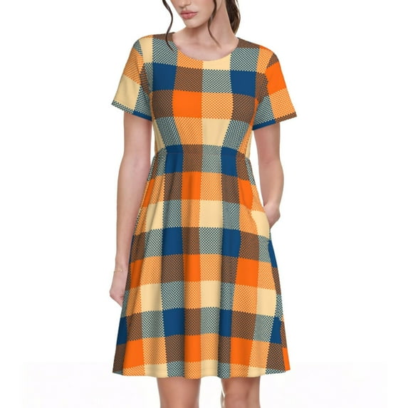 Honeii Warm Orange Plaid Print Women’s Short Sleeve Dress, Comfortable Casual Dress, Soft Polyester Spandex Blend, Stylish Everyday Wear for Summer, Perfect for Travel and Vacation