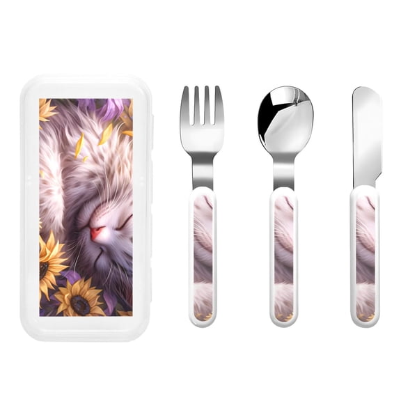 Honeii Warm Sunflower Sleeping Cat Print Children's Knife, Fork And Spoon Set,Reusable Utensils Set with Case,Travel Cutlery Set,for Kids Adults Camping