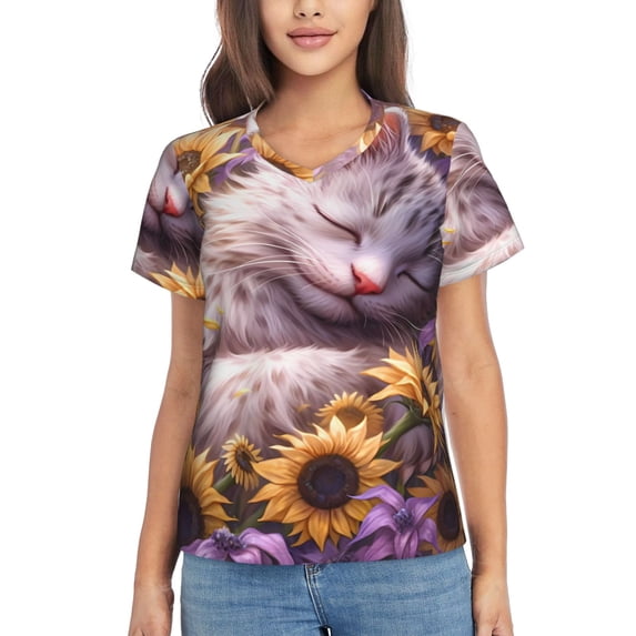 Honeii Warm Sunflower Sleeping Cat Print Women's Classic V-Neck T-Shirt,Womens Fashion Tops,Stylish Everyday Top for Women, Casual Summer Spring Outfits Clothes-Medium
