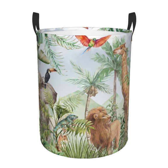 Honeii Watercolor African Animals Wildlife Print Laundry Hamper Basket,Baby Nursery Woven Storage Basket for Toys Bin,Pillows,Blankets,Clothes-Small