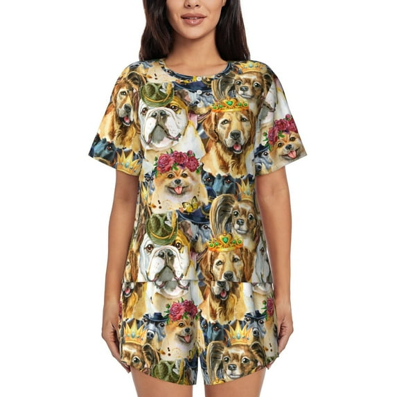 Honeii Watercolor Dogs for Women's Summer Pajama Set ,Soft Short Sleeve Shirt & Matching Bottoms,Loungewear,2PCS Sleepwear Relaxed Home Wear-Medium