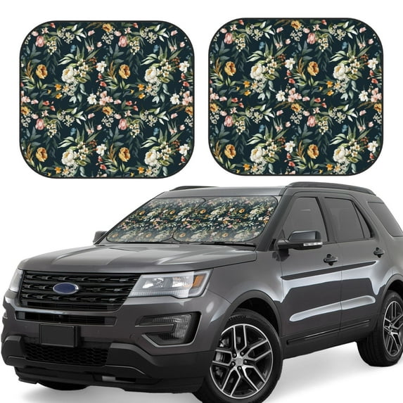 Honeii Watercolor Floral Print Foldable Car Sun Shade for Windshield, 2-Piece UV Protection Shade, Protects Car Interior, Ideal for Cars, Trucks, SUVs-Large
